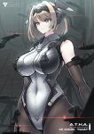  1girl absurdres blue_eyes bodysuit breasts brown_hair character_name covered_navel elbow_gloves giant giantess gloves headgear highres impossible_bodysuit impossible_clothes large_breasts leotard mecha_musume medium_hair original pantyhose sherman_(egnk2525) short_hair skin_tight solo standing weapon 