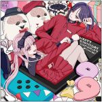  1boy 1girl :d birthday black_hairband black_sailor_collar bow bow_hairband brain cake colored_inner_hair dated food gakuran grin hair_bun hairband happy_birthday highres jacket long_hair looking_at_viewer magnifying_glass medium_hair multicolored_hair nigou_(hundred_line) nintendo_switch pants pink_hair pleated_skirt purple_hair red_jacket red_pants red_serafuku red_shirt red_skirt sailor_collar school_uniform serafuku shirt sirei_(hundred_line) sitting skirt smile the_hundred_line_-last_defense_academy- tsukumo_ima tsukumo_kako tsumugg0 twintails twitter_username white_bow 
