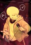  1boy 1other black_shorts blush checkered_ceiling closed_eyes commentary english_commentary frisk_(undertale) gloves hair_between_eyes heart highres holding holding_instrument holding_microphone holding_tambourine indoors instrument jacket microphone minominoks musical_note open_clothes open_jacket sans_(undertale) shirt shorts skeleton sparkle spoken_musical_note spotlight tambourine teeth undertale white_gloves white_shirt 