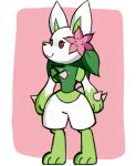  brown_eyes commentary creature english_commentary full_body gen_4_pokemon lucario lucario-rpg no_humans pink_background pokemon_(creature) shaymin shaymin_(land) smile solo spikes standing 
