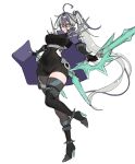  13addendum 1girl ahoge asymmetrical_legwear black_leotard blue_hair breasts fate/grand_order fate_(series) full_body genderswap genderswap_(mtf) glasses green_eyes grey_hair hair_between_eyes high_heels highres hip_vent holding holding_sword holding_weapon large_breasts leotard long_hair multicolored_hair pouch sigurd_(fate) sketch solo spiked_anklet sword thigh_pouch two-tone_hair weapon zettai_ryouiki 