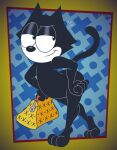 abstract_background alternate_version_at_paywall anthro black_body black_fur casual_nudity digital_drawing_(artwork) digital_media_(artwork) domestic_cat felid feline felis felix_the_cat felix_the_cat_(series) fur gavanzude hand_on_hip handbag hi_res hip_sway looking_back male mammal signature smug solo walking white_mouth