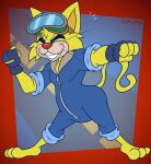 2024 anthro artist_name black_clothing black_fingerless_gloves black_gloves black_handwear blonde_hair blue_clothing blue_coveralls clothing coveralls digital_media_(artwork) domestic_cat eyes_closed eyewear eyewear_on_head fangs felid feline felis fingerless_gloves fist fur gavanzude gloves goggles goggles_on_head hair handwear hi_res male mammal multicolored_body multicolored_clothing multicolored_fur nintendo pose punch red_nose sharp_teeth smile solo spitz_(warioware) standing tail tan_body tan_fur teeth text three-quarter_view two_tone_body two_tone_clothing two_tone_fur warioware whiskers yellow_body yellow_ears yellow_fur yellow_tail zipper