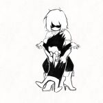  1boy 1other animated animated_gif armor boots crazy_eyes deltarune flailing full_body gloves grabbing_from_behind greyscale kris_(deltarune) minominoks monochrome pants partially_shaded_face pointy_nose shirt short_hair spamton_g._spamton teeth 