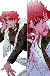  1boy asymmetrical_bangs black_jacket blood blood_on_clothes blood_on_face cherry_earrings chromatic_aberration danai_ym dated earrings food-themed_earrings gakuran halftone hand_in_own_hair highres jacket jewelry jojo_no_kimyou_na_bouken kakyoin_noriaki looking_at_viewer male_focus medium_hair multiple_views nosebleed purple_eyes red_hair scarf school_uniform signature white_background white_scarf 