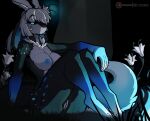 absurd_res anthro black_body black_fur blue_eyes blue_nipples breasts female flower fur genitals hair hi_res horn lillian_(psychorodent) long_ears looking_at_viewer mythology neck_tuft nipples nude plant psychorodent scalie sitting snatyr solo tail tuft vulva white_hair