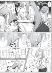  1boy 2girls absurdres asuna_(blue_archive) black_hair blue_archive breasts closed_eyes closed_mouth collared_shirt comiket_105 doodle_sensei_(blue_archive) french_kiss glasses grey_eyes hair_over_one_eye halo heart hetero highres kiss large_breasts long_hair monochrome multiple_girls neru_(blue_archive) open_mouth pleated_skirt school_uniform sensei_(blue_archive) shikisokuzeku76 shirt skirt spoken_heart surprised very_long_hair white_shirt wide-eyed 