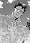  1boy 1other bara bare_pectorals beard_stubble boku_no_hero_academia cloud commentary_request endeavor_(boku_no_hero_academia) facial_hair greyscale hand_on_another&#039;s_chest highres looking_down male_focus monochrome muscular muscular_male nipples out_of_frame outdoors p_(pppppppppq) parted_lips pectorals see-through_clothes shirt short_hair sky solo_focus spiked_hair stubble sun tree upper_body wet wet_clothes wet_shirt 