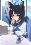  1girl animal_ears animal_print black_eyes black_hair black_sailor_collar blue_archive blue_neckerchief cat_ears cat_girl cat_print cat_tail cup desk halo hands_on_own_face highres japanese_clothes kikyou_(blue_archive) long_sleeves looking_at_viewer mug neckerchief paper sailor_collar san_f school_desk school_uniform serafuku shirt short_hair simple_background skirt solo tail window 