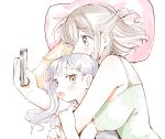  2girls age_difference blush brown_hair camisole cellphone covered_nipples green_camisole green_eyes highres long_hair medium_hair multiple_girls onee-loli original phone purple_hair spooning takeno_(takenoo2) upper_body yellow_eyes yuri 