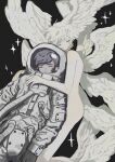  1boy 1other androgynous black_background black_hair blonde_hair devilman feathered_wings fudou_akira hand_on_another&#039;s_chest hand_on_another&#039;s_shoulder head_wings helmet highres leaning_on_person multiple_wings nude satan_(devilman) short_hair simple_background space_helmet spacesuit sparkle tami_tome_mo wings 
