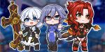  &gt;:) 3girls :d absurdres arm_behind_back asymmetrical_footwear black_dress black_gloves black_leotard black_pants black_pantyhose blue_eyes blue_jacket blurry blurry_background blush boots breasts brown_boots brown_eyes chibi cleavage closed_mouth commentary_request cross depth_of_field dress fold-over_boots fu_hua fu_hua_(valkyrie_accipiter) glasses gloves grey_hair hand_on_own_hip hand_up highres holding holding_sword holding_weapon honkai_(series) honkai_impact_3rd jacket juliet_sleeves leotard long_sleeves looking_at_viewer medium_breasts medium_hair mokkyo_(motkyo) multiple_girls murata_himeko murata_himeko_(vermillion_knight) open_mouth outline over_shoulder pants pantyhose parted_bangs petticoat puffy_sleeves red-framed_eyewear red_boots red_hair smile standing sword sword_over_shoulder theresa_apocalypse theresa_apocalypse_(valkyrie_pledge) v-shaped_eyebrows weapon weapon_over_shoulder white_outline 