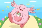  1other black_sclera blue_sky blunt_bangs chansey child cloud colored_sclera colored_skin commentary_request covered_eyes day flower full_body grass green_hair hair_over_eyes happy highres jumping monya musical_note open_mouth outdoors partial_commentary path pink_flower pokemon pokemon_(creature) pouch ralts road short_hair sky smile white_eyes white_skin yellow_flower 