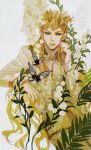 1boy absurdres bishounen blonde_hair bug butterfly cabbage-2012 chromatic_aberration cleavage_cutout clothing_cutout collared_jacket film_grain flower flower_request giorno_giovanna green_eyes highres jacket jojo_no_kimyou_na_bouken leaf long_hair male_focus pants parted_lips pectoral_cleavage pectorals solo symbolism upper_body vento_aureo very_long_hair victory_rolls white_background white_jacket yellow_lips 