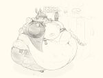 4:3 anthro antlers backpack belly belly_overhang big_belly blush bodily_fluids burping button_(fastener) chubby_cheeks clothed clothing deer dialogue double_chin english_text eyes_closed fingers food fur hair hi_res holding_object hooved_fingers hooves horn huge_belly levitating_object levitation love_handles magic magic_user male mammal moobs morbidly_obese morbidly_obese_anthro morbidly_obese_male navel nipple_outline obese obese_anthro obese_male open_mouth open_smile outside overweight overweight_anthro overweight_male pastry pie plant raised_hand rumbling_stomach smile solo speech_bubble spell spellcasting standing straining_buttons sweat sweatdrop text thick_thighs tight_clothing torn_clothing tree wide_hips wllyswrld