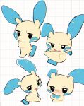 2025 :&lt; ambiguous_feral ambiguous_gender big_ears biped bipedal_feral black_eyes blue_body blue_ears blue_fur blue_markings blue_tail blush blush_lines cheek_markings chibi colored digital_media_(artwork) facial_markings featureless_crotch featureless_feet featureless_hands feet feral flat_colors full-length_portrait fur generation_3_pokemon gloves_(marking) head_markings hi_res kemono looking_at_viewer looking_back looking_back_at_viewer mammal markings minun monotone_tail multicolored_body multicolored_fur multiple_images nintendo open_mouth pattern_background pokemon pokemon_(species) portrait reruponzu semi-anthro simple_background sitting solo standing tail tan_body tan_fur two_tone_body two_tone_fur
