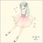  1girl blue_eyes blue_hair blush bow breasts brown_shoes cleavage commentary_request dated dress full_body hair_bow hatsune_miku heart long_hair looking_at_viewer miku_day mimi_(caramel-candy) open_mouth pink_dress polka_dot polka_dot_background purple_bow shoes sleeveless sleeveless_dress small_breasts smile solo twintails vocaloid yellow_background 