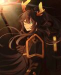  1boy antlers armor black_armor black_background black_bodysuit black_eyes black_gloves black_hair blue_eyes bodysuit gloves heterochromia high_ponytail highres holding holding_staff hong_lu_(project_moon) horns limbus_company llllao216913 long_hair looking_at_viewer male_focus ponytail project_moon r_corp._(identity)_(project_moon) reindeer_antlers simple_background solo staff upper_body very_long_hair 