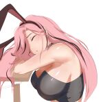  1girl absurdres animal_ears black_hair black_tube_top breasts closed_eyes fake_animal_ears highres hololive hololive_english katosh large_breasts long_hair mori_calliope mori_calliope_(rock_bunny) multicolored_hair official_alternate_costume rabbit_ears simple_background sleeping solo strapless streaked_hair tube_top virtual_youtuber white_background 