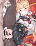  1boy 1girl :o absurdres alice_thymefield animal_ears bar_censor black_skirt blonde_hair blush breasts censored clenched_teeth cum cum_overflow daram_(shappydude) fingerless_gloves gloves hand_on_own_leg hetero highres indoors large_breasts long_hair md5_mismatch orange_eyes pantyhose penis pleated_skirt sex shirt skirt split standing standing_on_one_leg standing_sex standing_split sweat teeth torn_clothes torn_pantyhose vaginal white_shirt zenless_zone_zero 
