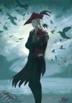  1boy absurdres ascot beach bird black_jacket black_pants blonde_hair cape chucky_(chucky1000sun) closed_mouth commentary_request cristoforo_(wuthering_waves) crossed_arms feet_out_of_frame fish_skeleton green_eyes hair_over_shoulder hat hat_feather highres jacket long_hair looking_ahead male_focus nose ocean outdoors pants ponytail red_cape red_hat side_cape signature smile solo tricorne water white_ascot wuthering_waves 