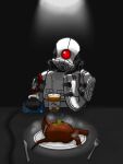  1other absurdres armor black_gloves blush breastplate chinese_commentary combine_elite commentary_request drinking_straw fork gloves half-life_(series) half-life_2 hand_on_own_cheek hand_on_own_face headcrab highres looking_at_viewer miao_miao_mao_miao_miao_fr other_focus plate tea upper_body white_armor 