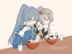  2girls bare_shoulders black_dress black_jacket black_nails blue_eyes blue_jacket bowl bridal_gauntlets brown_background chopsticks commentary cup dress drinking_glass food fu_hua fu_hua_(valkyrie_accipiter) grey_hair herrscher_of_sentience highres holding holding_chopsticks holding_spoon honkai_(series) honkai_impact_3rd jacket meandros multiple_girls nail_polish noodles plastic_spoon ponytail romaji_text simple_background spoon symbol-only_commentary translation_request tya_tya_3rd upper_body water 