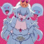  adversarial_noise boo_(mario) breasts cleavage collar commentary_request covered_nipples crown dress earrings frilled_collar frills ghost ghost_pose gloves hair_between_eyes hands_up jewelry large_breasts long_hair looking_at_viewer mario_(series) metata new_super_mario_bros._u_deluxe open_mouth partially_shaded_face peachyboo pink_background puffy_short_sleeves puffy_sleeves red_brooch red_eyes sharp_teeth short_sleeves solo super_crown teeth tongue tongue_out upper_teeth_only v-shaped_eyebrows v-shaped_eyes very_long_hair white_dress white_gloves white_hair 