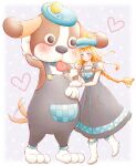  adapted_costume animal_collar azu_rin_go badge ball blonde_hair blue_collar blue_eyes blue_hat blush bokujou_monogatari bokujou_monogatari:_mittsu_no_sato_no_taisetsuna_tomodachi boots border braid brown_shirt button_badge closed_mouth collar cowboy_boots curly_sidelocks grey_overalls hair_between_eyes half-closed_eyes hat heart highres locked_arms low_twin_braids mascot_costume matching_outfits nanami_(bokujou_monogatari) newsboy_cap overall_skirt overalls pocket polka_dot polka_dot_background purple_background shirt short_sleeves smile standing standing_on_one_leg tail tail_wagging tennis_ball twin_braids white_boots white_border wing_collar woofio_(bokujou_monogatari) 