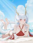  1girl absurdres arm_under_breasts azur_lane bare_shoulders barefoot beach blue_sky breasts commentary detached_sleeves dragon_girl dragon_horns dragon_tail feet_up fundoshi hair_on_horn highres horns japanese_clothes large_breasts long_hair looking_at_viewer lying official_alternate_costume on_stomach parted_lips red_eyes red_fundoshi shimanto_(azur_lane) shimanto_(the_relaxing_dragon_god)_(azur_lane) sky soles solo tail toes very_long_hair water white_hair yi_ming_lan_qu 