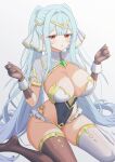 1girl absurdres aqua_hair asymmetrical_legwear blunt_bangs blush breasts brown_gloves brown_thighhighs center-flap_bangs cleavage commentary covered_navel earrings epic_seven floating_hair frilled_leotard frills gem gloves gold_trim green_gemstone hair_spread_out hands_up headpiece highres jewelry konjou large_breasts leotard long_hair looking_at_viewer mismatched_legwear open_mouth orange_eyes roana_(epic_seven) shrug_(clothing) sidelocks sitting solo star_(symbol) star_earrings thighhighs thighs twintails very_long_hair wariza white_leotard white_shrug white_thighhighs white_wrist_cuffs wrist_cuffs 
