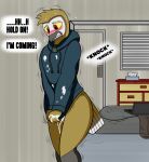 after_orgasm anthro avian barn_owl bed bird blush bodily_fluids clothed clothing cum cum_on_hand cum_on_self dialogue furniture genital_fluids hi_res motion_lines owl pantsless rorrek solo speech_bubble sweat sweater topwear tyto tytonid