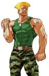 1boy american_flag american_flag_tattoo arm_at_side belt camouflage camouflage_pants capcom_vs_snk_2 clenched_hands clenched_teeth dog_tags flattop game_cg green_tank_top guile highres holding_dog_tags looking_to_the_side looking_up male_focus muscular muscular_male nishimura_kinu non-web_source official_art pants solo street_fighter tank_top teeth veins veiny_arms 
