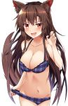  1girl :d animal_ear_fluff animal_ears bangs bare_arms bare_shoulders bikini bikini_pull blue_bikini blush breasts brown_hair cleavage collarbone commentary_request cowboy_shot drooling e.o. eyebrows_visible_through_hair groin hand_up highres imaizumi_kagerou large_breasts long_hair looking_at_viewer navel open_mouth plaid plaid_bikini red_eyes saliva simple_background smile solo standing stomach swimsuit tail touhou very_long_hair white_background wolf_ears wolf_tail 
