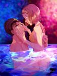  1boy 1girl artist_name bikini black_hair blue_eyes blurry blurry_background brown_hair couple czech_gana eye_contact fireworks from_side girl_on_top hairband halterneck kyougoku_makoto looking_at_another meitantei_conan partially_submerged pool shiny shiny_hair short_hair shoulder_blades side-tie_bikini suzuki_sonoko swimsuit yellow_bikini yellow_hairband 