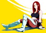  1girl 2016 artist_name black_sports_bra breasts christina_mackenzie commentary_request dated earth_federation earth_federation_space_forces green_eyes gundam gundam_0080 highres long_hair looking_at_viewer mecha_pilot_suit midriff military normal_suit_(gundam) pgmajimaji red_hair science_fiction sitting solo sports_bra 