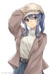  1girl alternate_costume beige_headwear belt beret blue_eyes blue_hair blue_skirt brown_jacket character_name commentary_request cowboy_shot dated gotland_(kantai_collection) hat highres holding holding_hat jacket kantai_collection long_hair looking_at_viewer mole mole_under_eye ponytail ribbed_sweater simple_background skirt smile solo sweater timato twitter_username white_background 