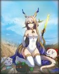  1girl adapted_costume annotated arknights arm_behind_back bare_shoulders blonde_hair blue_eyes bluedok_(o-ni) breasts cleavage closed_mouth collarbone colored_extremities commentary_request covered_navel detached_sleeves dragon_bubble_(arknights) dragon_girl dragon_horns dragon_tail dusk_(arknights) earrings english_commentary eyeliner full_body grey_hair hair_between_eyes hair_intakes highres holding holding_sword holding_weapon horns jewelry kneeling leotard ling_(arknights) long_hair long_sleeves looking_at_viewer makeup medium_breasts mixed-language_commentary multicolored_hair necklace nian_(arknights) orange_eyeliner outdoors partial_commentary playboy_bunny pointy_ears purple_hair seigaiha shu_(arknights) smile solo strapless strapless_leotard sword tail thighhighs very_long_hair weapon white_leotard white_sleeves white_thighhighs 
