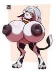 animal_print animal_print_thigh_highs anthro areola big_breasts biped breasts canid canine claws clothing cow_print cow_print_thigh_highs cowbell digital_media_(artwork) ear_piercing ear_tag fake_horns female freckles_(artist) genitals graphite_(artwork) hair helluva_boss hi_res huge_breasts hyper hyper_breasts legwear loona_(helluva_boss) mammal mixed_media nipples pattern_clothing pattern_legwear pattern_thigh_highs paws piercing solo tail thigh_highs traditional_media_(artwork) vulva