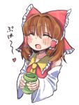  1girl ascot blush bow brown_hair closed_eyes commentary_request cookie_(touhou) cup detached_sleeves frilled_bow frilled_hair_tubes frilled_shirt_collar frills hair_bow hair_tubes hakurei_reimu heart highres holding holding_cup medium_hair melanin_shikiso open_mouth red_bow red_shirt reu_(cookie) shirt sidelocks simple_background sleeveless sleeveless_shirt smile solo touhou upper_body white_background white_sleeves yellow_ascot yunomi 