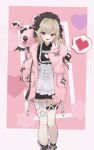  1girl :d absurdres apron between_fingers black_dress brown_hair collared_dress commentary_request cuffs dress feet_out_of_frame frilled_apron frills hand_up handcuffs heart highres holding hui_yu_yu_yu_ye jacket long_sleeves makaino_ririmu makaino_ririmu_(5th_costume) multicolored_hair nijisanji open_clothes open_jacket pink_background pink_hair pink_jacket pixelated pleated_dress puffy_long_sleeves puffy_sleeves red_eyes sleeves_past_wrists smile solo spoken_heart standing streaked_hair stuffed_animal stuffed_rabbit stuffed_toy virtual_youtuber white_apron 