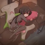  1girl black_dress black_hair black_pantyhose breasts closed_mouth couch dress feet from_above full_body hair_ornament hairpin hammerhead_shark hugging_object indoors jitome knees_together_feet_apart light_frown lisichka_(sentinel_girls) long_bangs long_hair long_sleeves looking_at_viewer lying no_shoes on_couch on_side pantyhose petticoat pillow pillow_hug player193 scowl sentinel_girls small_breasts smiley_hair_ornament solo stuffed_animal stuffed_fish stuffed_shark stuffed_toy yellow_eyes 