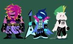  1boy 1girl 1other androgynous animal_ears ankle_boots aqua_hair aqua_shirt aqua_skin aqua_sleeves armband baggy_pants bare_arms bare_shoulders belt belt_buckle black_armband black_boots black_choker black_gloves black_jacket black_pants blue_coat blue_hair blush boots buckle chain choker clenched_hand clenched_hands closed_mouth coat collared_coat colored_skin concept_art cropped_jacket deltarune dinosaur_girl elbow_gloves electric_guitar english_commentary expressionless fang fingerless_gloves furry furry_male gigi_d.g. gloves goat_boy goat_ears goat_horns green_background green_hair guitar hair_over_eyes high_collar highres holding holding_guitar holding_instrument holding_microphone horns instrument jacket kris_(dark_world)_(deltarune) kris_(deltarune) kris_(lightners_live)_(deltarune) lapels leather leather_gloves leather_jacket leather_pants legs_apart lightning_bolt_print lightning_bolt_symbol long_hair long_sidelocks messy_hair microphone midriff mohawk monster_boy monster_girl multicolored_hair mystical_high_collar navel no_eyewear no_lineart no_shirt notched_lapels official_alternate_costume official_art open_hand orange_pants pants parted_bangs print_pants purple_hair purple_pants purple_shirt ralsei ralsei_(lightners_live) second-party_source shaded_face shadow shirt short_sleeves side-by-side sidelocks silver_chain simple_background skin_fang skull_belt skull_choker sleeveless sleeveless_jacket smirk sparkle sparkling_clothes standing streaked_hair studded_belt studded_choker studded_jacket susie_(dark_world)_(deltarune) susie_(deltarune) susie_(lightners_live)_(deltarune) torn_clothes torn_shirt torn_sleeves two-sided_coat two-sided_fabric two-tone_hair white_fur 