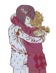  2boys argyle_clothes black_hair blonde_hair blunt_bangs bob_cut braid braided_ponytail bruno_bucciarati giorno_giovanna hair_ornament highres hug jacket jojo_no_kimyou_na_bouken male_focus medium_hair multiple_boys pants pink_jacket pink_pants short_hair simple_background tami_tome_mo vento_aureo victory_rolls white_background white_jacket white_pants yaoi zipper 