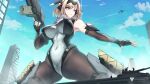  1girl absurdres aircraft airplane armor blonde_hair blue_eyes bodysuit breasts building city covered_navel elbow_gloves fingerless_gloves giant giantess gloves gun headgear helicopter highres holding holding_gun holding_weapon impossible_bodysuit impossible_clothes large_breasts leotard mecha_musume military military_vehicle original pantyhose rifle sherman_(egnk2525) short_hair skin_tight sky solo thick_thighs thighs weapon 