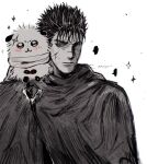  1boy :3 absurdres berserk blush cape chiikawa closed_mouth creature creature_on_shoulder crossover english_commentary fluffy fluffysaimai_ii guts_(berserk) highres male_focus on_shoulder otter rakko_(chiikawa) scar scar_on_face scarf short_hair sparkle spiked_hair standing twitter_username white_background 