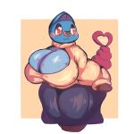 1:1 anthro big_breasts blue_body bottomwear breasts clothing female generation_5_pokemon heart_nose heart_symbol hi_res lightmizano nintendo pink_cheeks pokemon pokemon_(species) red_eyes simple_background skirt solo sweater swoobat tail topwear