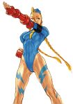  1girl bare_legs beret blonde_hair blue_eyes bodypaint boots braid brown_boots cammy_white capcom_vs_snk capcom_vs_snk_2 clenched_hand from_below game_cg garrison_cap gloves hat highleg highleg_leotard highres killer_bee_cammy legs_apart leotard long_hair looking_to_the_side necktie nishimura_kinu non-web_source official_art outstretched_arm outstretched_hand scar scar_on_cheek scar_on_face short_necktie simple_background sleeved_leotard solo standing street_fighter twin_braids 