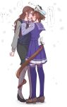  2girls animal_ears black_shoes black_skirt blue_eyes bow brown_hair brown_shoes cheval_grand_(umamusume) collared_shirt ears_down ears_through_headwear embarrassed face-to-face female_trainer_(umamusume) flustered frilled_skirt frills grey_pants grey_shirt hair_between_eyes hands_on_another&#039;s_face high_heels highres hollomaru horse_ears horse_girl horse_tail layered_sleeves long_hair long_sleeves multiple_girls nervous_sweating pants pantyhose parted_lips pleated_skirt purple_sailor_collar purple_shirt purple_skirt purple_sweater_vest purple_thighhighs sailor_collar school_uniform shirt shoes short_hair short_over_long_sleeves short_sleeves sidelocks skirt speech_bubble standing sweat sweater_vest tail tail_wrap thighhighs thought_bubble tracen_school_uniform trainer_(umamusume) translation_request umamusume white_bow yuri zettai_ryouiki 