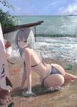  1girl absurdres arm_support ass beach bikini blue_bikini blue_eyes bottle coconut commentary full_body grey_hair grin highres innertube jenmin12 looking_at_viewer medium_hair ocean original outdoors parted_lips planted side-tie_bikini_bottom sitting smile solo starfish surfboard swim_ring swimsuit yokozuwari 